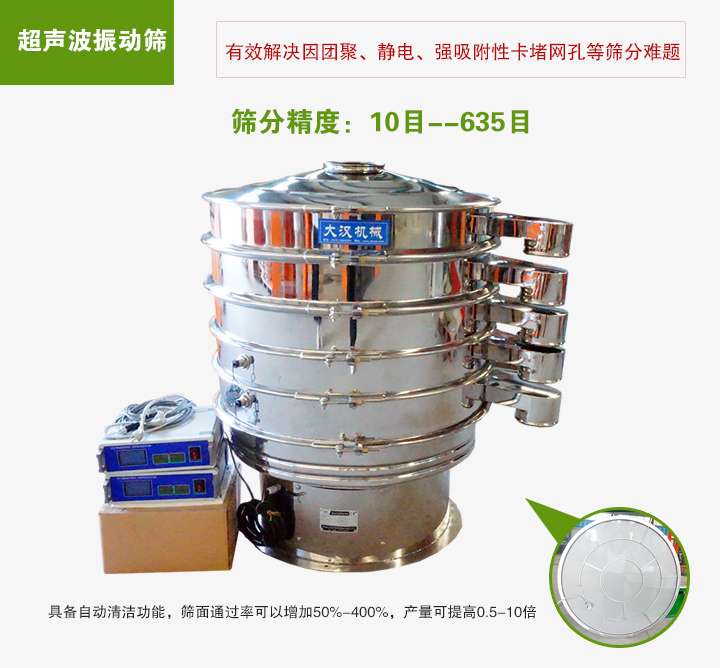 超聲波振動篩具備自動清潔功能,篩面通過率可以增加50%-400%,產量可提高0.5-10倍